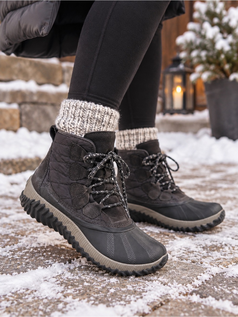 Sorel Black and Gray Quilted Lace-Up Winter Ankle Boots
